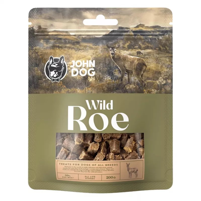 Šunų skanėstai john dog Wild roe — minkšti dresavimo užkandžiai, elnienos skonio, 200 g, baltymai 54,4%, riebalai 22,9%