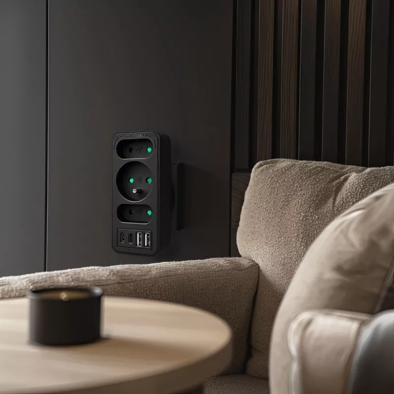 Maitinimo skirstytuvas MACLEAN MCE248 F/B — 3 kintamosios srovės lizdai (1x16A, 2x6A) ir 4 USB prievadai (2xUSB‑A, 2xUSB‑C PD 20W), ES kištukas, juodas