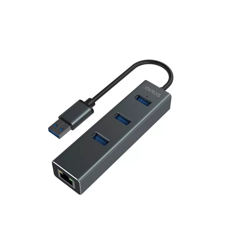 SAVIO USB-A šakotuvas su RJ-45 Gigabit Ethernet AK-57 — 3× USB-A + RJ-45, USB 3.2 Gen 1 Micro‑B prieglobos prievadas, 5 Gbit/s, 4 prievadai, pilkas
