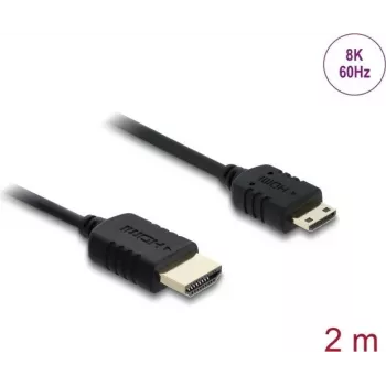 HDMI laidas DELOCK 81685 — 2 m, HDMI Type A (kištukas) į HDMI Type C (Mini, kištukas), 48 Gbit/s, iki 7680×4320, paauksuoti kontaktai, juodas