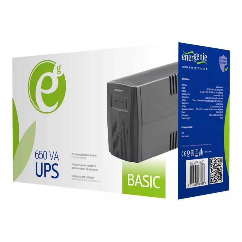 Gembird EG-UPS-B650 nepertraukiamo maitinimo šaltinis (UPS) linijinės sąveikos 0,65 kVA 390 W