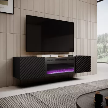 TV spintelė Cama Meble ONDA su elektriniu židiniu 1805×400×580 mm, juoda, medžio drožlių plokštės viršus (stovinti arba tvirtinama prie sienos)