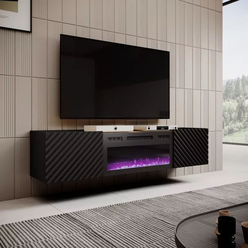 TV spintelė Cama Meble ONDA su elektriniu židiniu 1805×400×580 mm, juoda, medžio drožlių plokštės viršus (stovinti arba tvirtinama prie sienos)