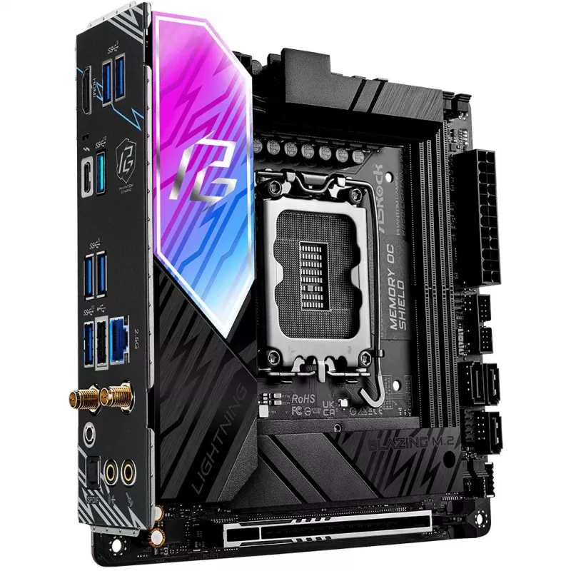 Pagrindinė plokštė ASROCK B860I Lightning WiFi — Intel B860, LGA 1851, Mini-ITX, DDR5, 2x DIMM, 4x M.2, 2.5Gb LAN, Wi‑Fi 6E, Bluetooth 5.3