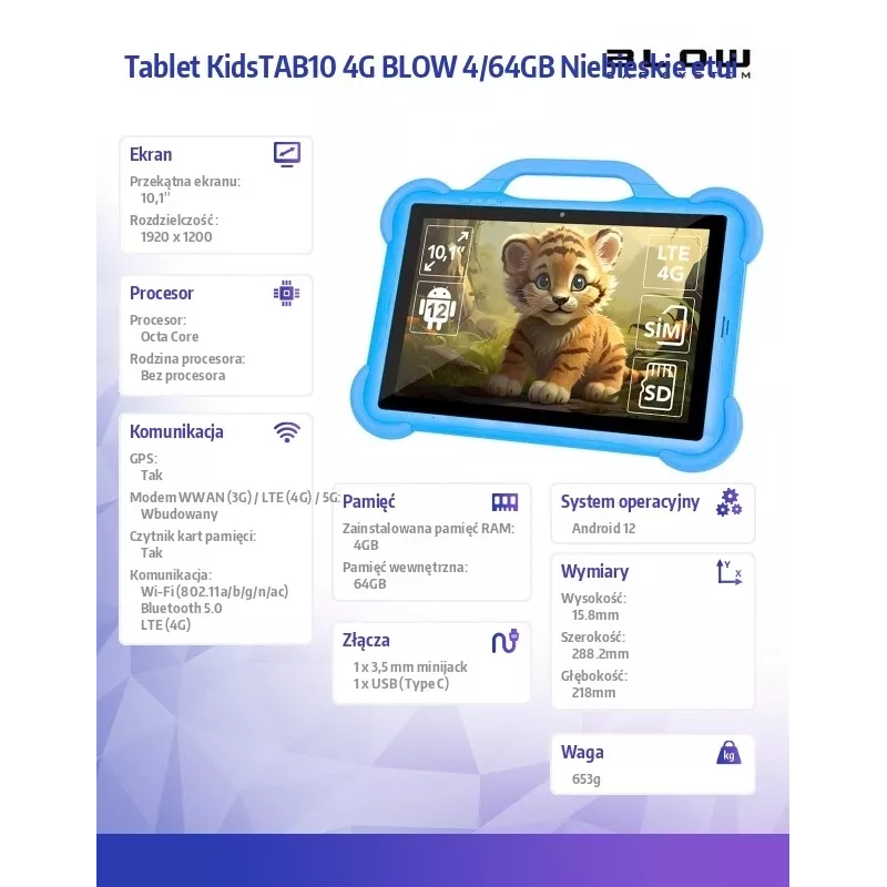Planšetė BLOW KidsTAB10 10,1 colio pilno dydžio planšetė, 10,1 colio IPS 1200x1920, Android 12, 4 GB RAM, 64 GB eMCP, 4G (MicroSIM), 6000 mAh, Astral Blue