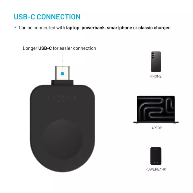 Fiksuotas USB-C įkrovimo adapteris FIXED FIXDW-AWAP-BK, skirtas Apple Watch Powerstation Uni, kompaktiškas atsarginis priedas