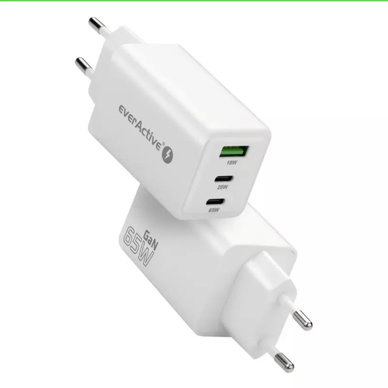Maitinimo įkroviklis everActive SQ-655Q 65W, 1×USB-A + 2×USB-C greitasis įkrovimas