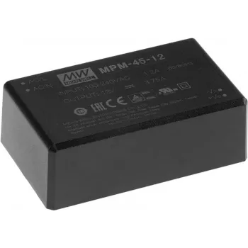 Maitinimo adapteris Mean Well MPM-45-5, vidinis 45 W, įėjimo įtampa 80–264 V, juodas, 52×87×29,5 mm