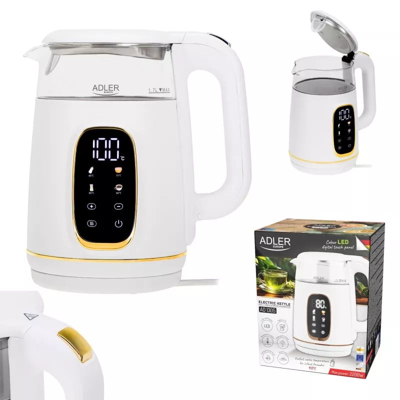 Elektrinis virdulys Adler AD 1305WG — 1,7 l, 2200 W, stiklas/plastikas, baltas/auksinis/permatomas