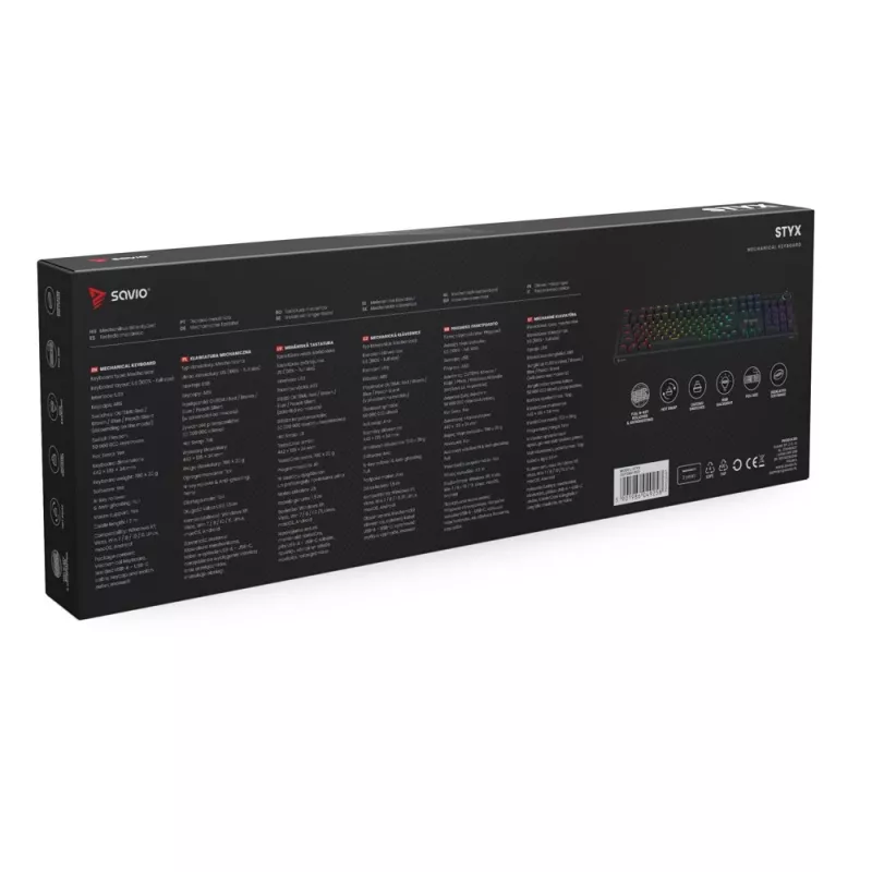 Mechaninė žaidimų klaviatūra SAVIO STYX Outemu Red — pilno dydžio 104 klavišų USB laidinė, RGB, ANSI US International, 1,5 m, juoda