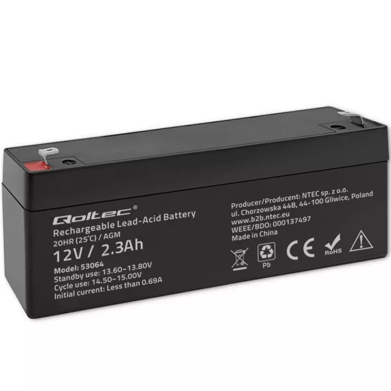 Sandari AGM baterija QOLTEC 12V 2.3Ah UPS ir atsarginėms sistemoms, maks. iškrova 34.5A