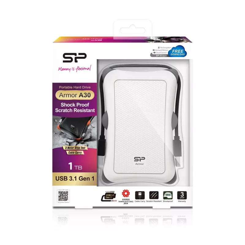 Išorinis kietasis diskas Silicon Power Armor A30 1TB USB 3.2 Gen 1, 2,5 colio HDD, baltas, USB Type-A