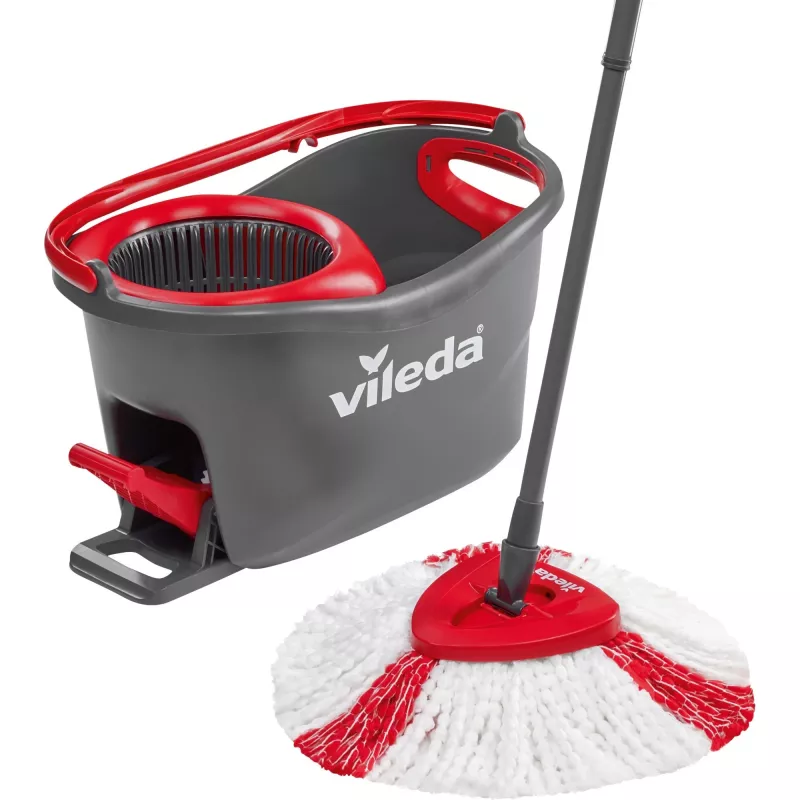 Šluota VILEDA EasyWring & Clean Turbo, raudonas technopolimero kibiras, nuimama plaunama mikro pluošto šluostė, kietoms grindims