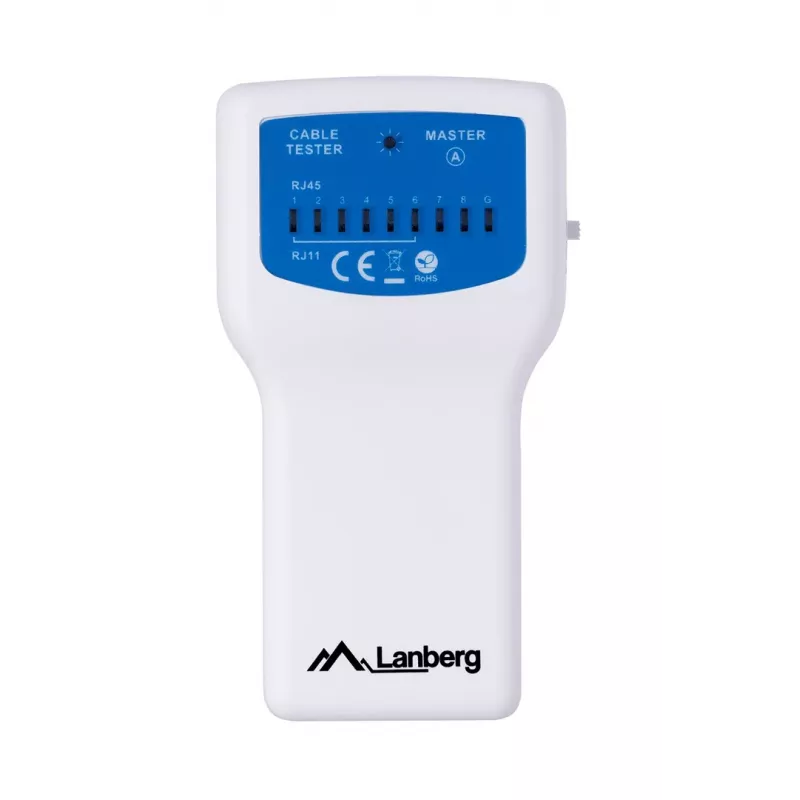 PoE testeris LANBERG NT-0402 — PoE tinklo kabelių testeris su RJ-45/RJ-11 palaikymu, LED indikatoriais, maitinimo LED, įjungimo/išjungimo jungikliu
