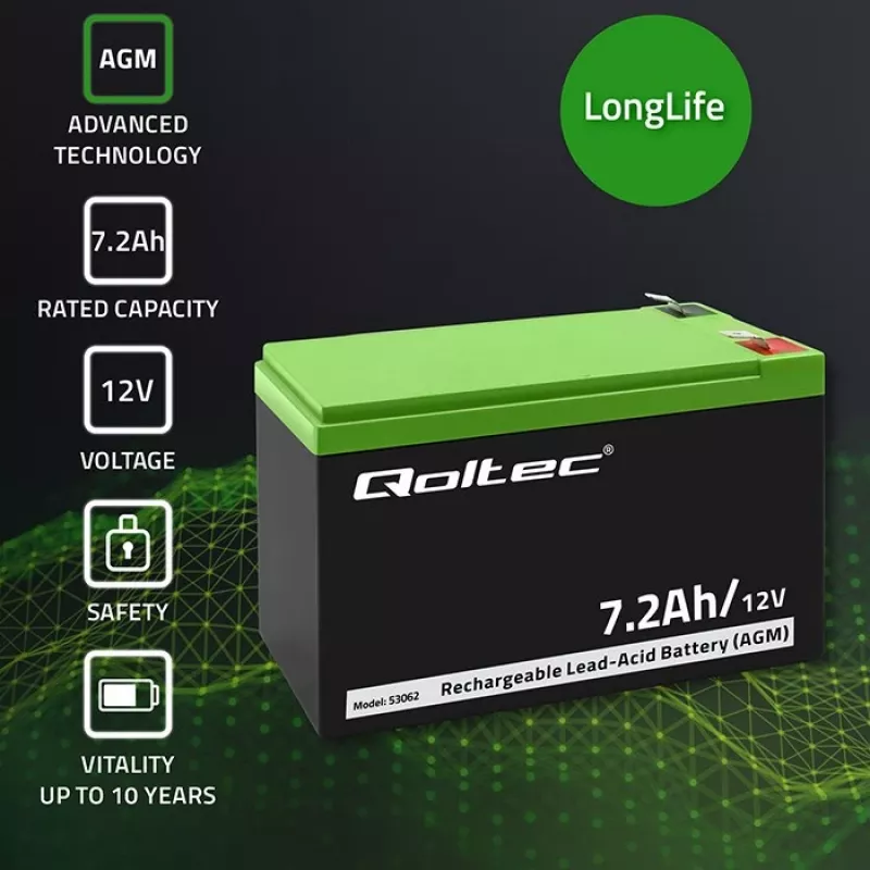 Qoltec 53062 AGM baterija | 12V | 7,2 Ah | maks. 108A