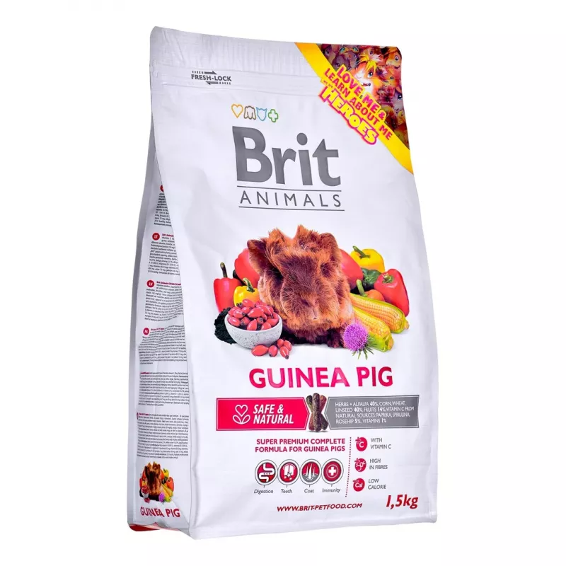 Pilnavertis jūrų kiaulyčių maistas Brit Complete granulės 1,5 kg — subalansuota mityba su 12% baltymų, 16% žalios ląstelienos, vitaminais