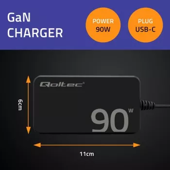 Qoltec 90W GaN Super Fast plonas Wall Charger | XP | 5-20V | 4.5A | USB-C 3.1 | Laptop | MacBook | Smartphone | + kabelis