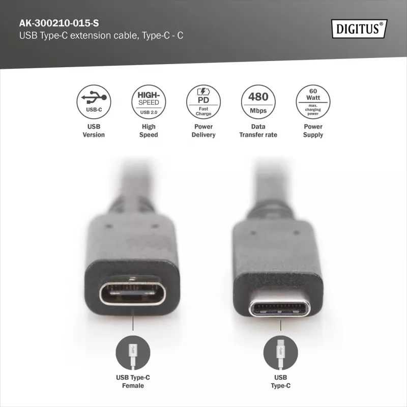 USB Type-C ilginamasis kabelis Digitus AK-300210-015-S