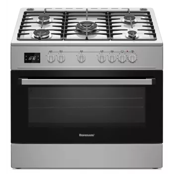 Laisvai pastatoma viryklė Ravanson KWGE-K90A Cheff Modern — 90 cm, dujinė kaitlentė su 5 degikliais, 3000 W wok, elektrinė orkaitė 110 l, sidabrinė