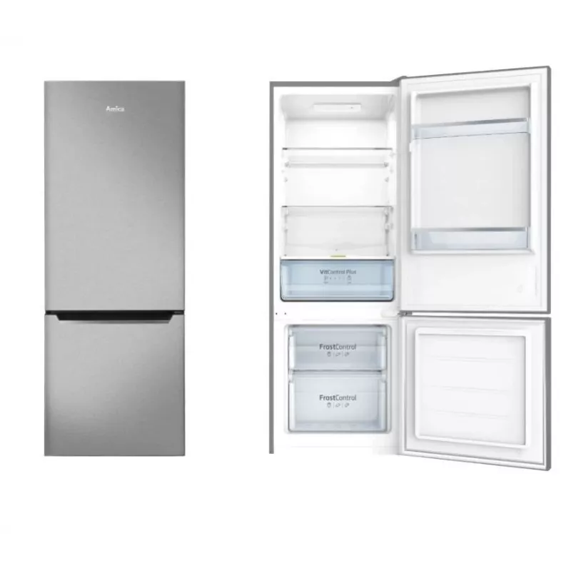 Laisvai pastatomas šaldytuvas-šaldiklis AMICA KGCL 384 160 E, bendras 205 L, šaldytuvas 153 L, šaldiklis 52 L, apatinis šaldiklis, nerūdijantis plienas