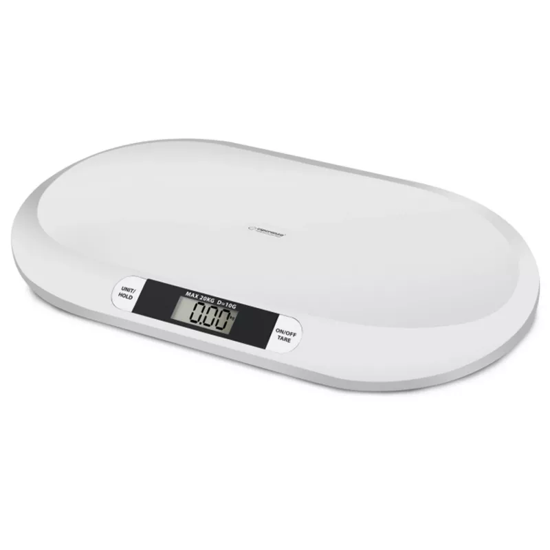 Elektroninės kūdikių svarstyklės ESPERANZA EBS019 — talpa 0,03–20 kg, 0,01 kg padala, didelis 60×25 mm LCD, balta