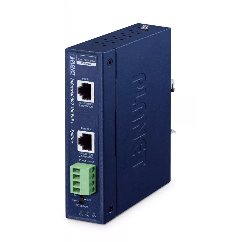 PLANET IP30 pramoninis vieno prievado 10Gbps 802.3bt PoE++ skirstytuvas 24V