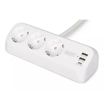 Maitinimo šakotuvas DIGITUS 3 lizdų su 2×USB-A ir 1×USB-C, 3 kintamosios srovės lizdai E/F tipo, 1,5 m laidas, baltas