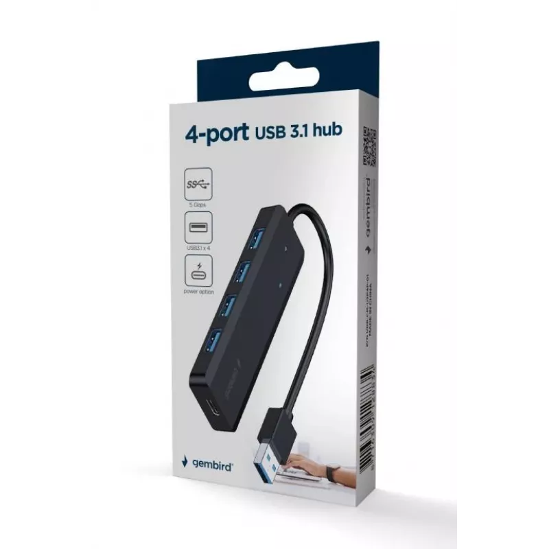 USB šakotuvas Gembird 4 prievadų USB 3.1 (Gen 1) — 4 prievadai, USB 3.2 Gen 1 Type-A, 5V/2.1A, 109×30×10 mm, juoda