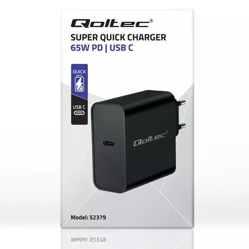 Įkroviklis QOLTEC Super Quick PD 65W USB‑C Power Delivery 5–20V, 1x USB‑C, USB PD 3.0, Type C kištukas, 65 W