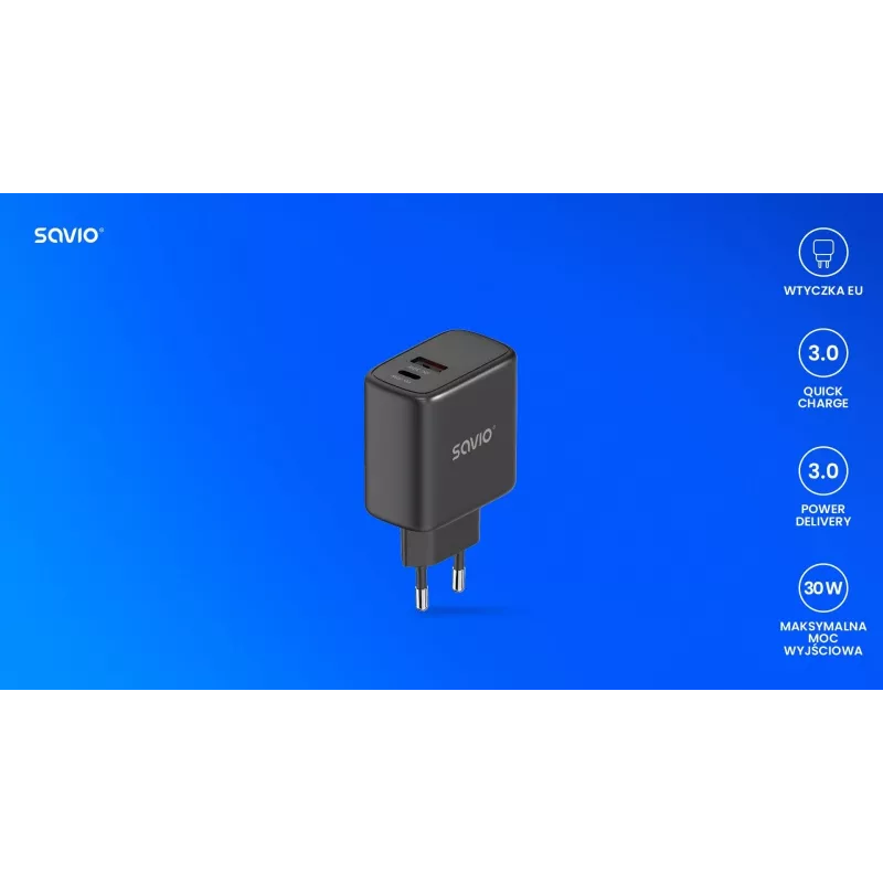 Lauko kroviklis SAVIO LA-06/B USB Type-C 30W Power Delivery 1x USB-C Juoda, 5–20V, 3A/9V, 3A/5V, 3A/12V, 2.1A