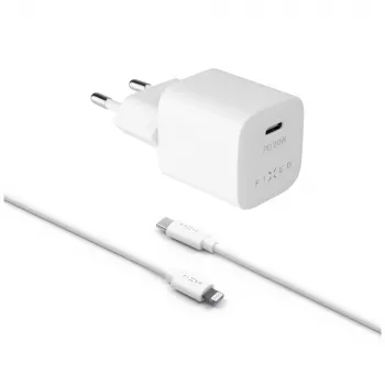 USB-C kelioninis įkroviklis FIXED FIXC20M-CL-WH su įmontuotu USB-C į Lightning laidu, 20W