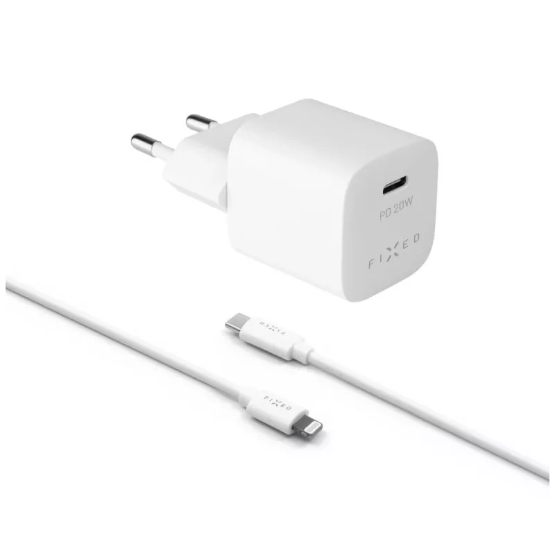 USB-C kelioninis įkroviklis FIXED FIXC20M-CL-WH su įmontuotu USB-C į Lightning laidu, 20W