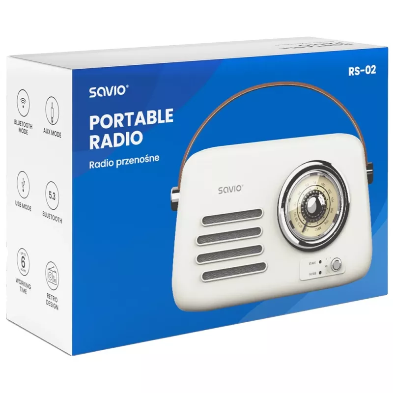 Nešiojamasis radijas SAVIO RS-02 – analoginis FM tiuneris, Bluetooth 5.3, USB maitinimas, 3 W, baltas