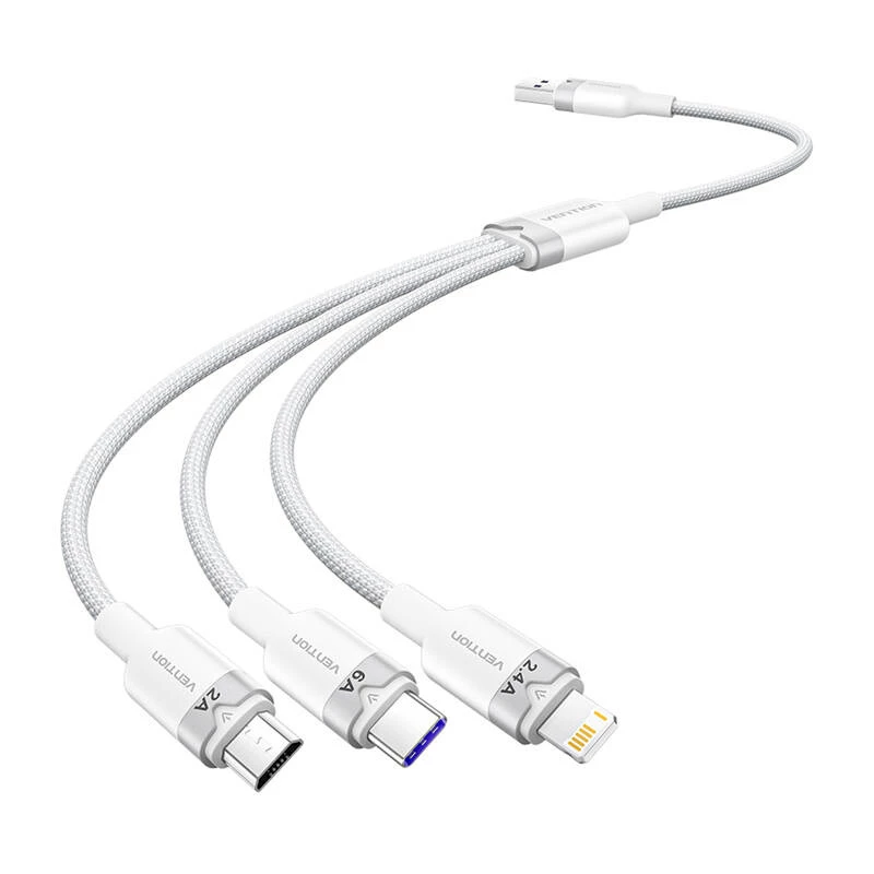 USB 2.0 A į 3-in-1 6A laidas Vention CTRWG 1,5 m baltas