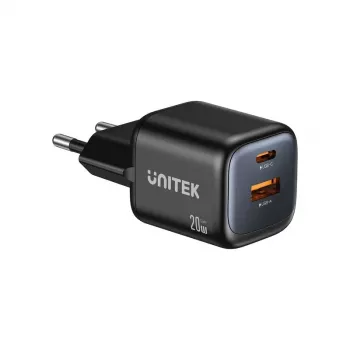 Sieninis įkroviklis Unitek P1128ABK01-EU — 2 prievadų GaN USB‑C ir USB‑A, bendra 20 W, juodas