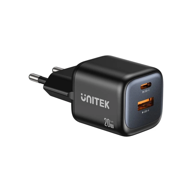 Sieninis įkroviklis Unitek P1128ABK01-EU — 2 prievadų GaN USB‑C ir USB‑A, bendra 20 W, juodas