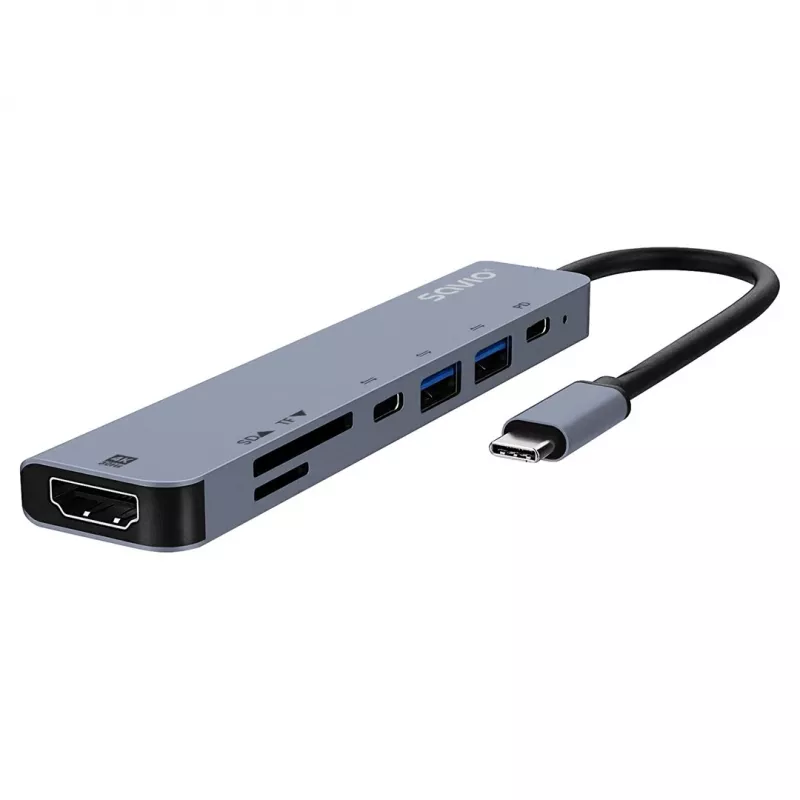 USB Type-C šakotuvas SAVIO AK-82 su HDMI, MicroSD, USB 3.2 Gen1, PD pralaidumu, 4K@30Hz, 5000 Mbit/s, juodas
