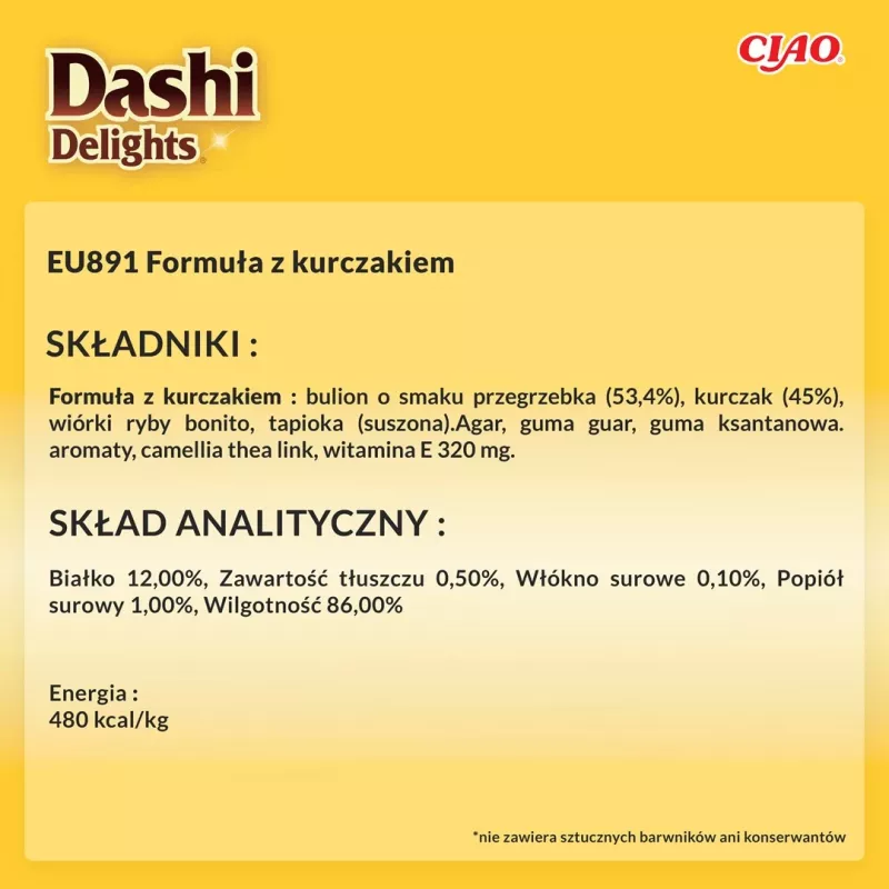 Šlapias kačių skanėstas INABA Dashi Delights Delicate Flakes Chicken 40 g — dietinis, 86% drėgmės, 12% baltymų