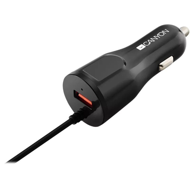 CANYON automobilinis įkroviklis C-033 2.4A/USB-A su integruotu Lightning laidu, juodas