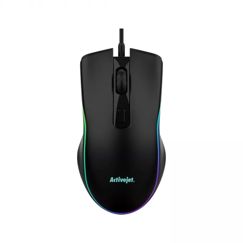Laidinė šildoma žaidimų pelė ActiveJet AMY-W390 — abiem rankoms tinkama, optinė 2000 DPI, USB Type-A, 4 mygtukai, juoda