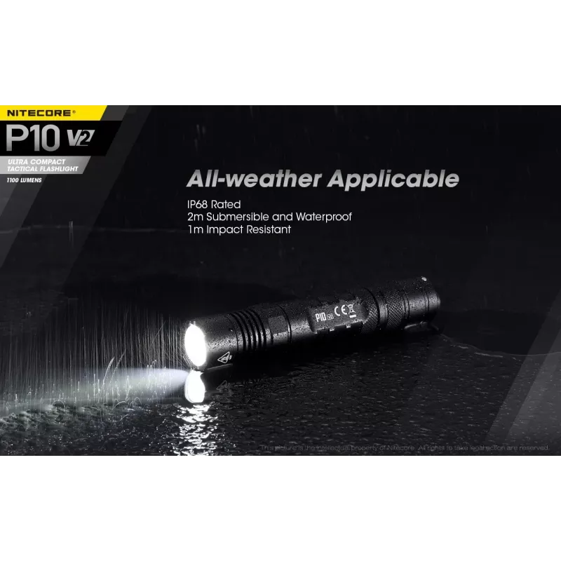Taktinis žibintuvėlis Nitecore P10 V2 — 1000 lm, IP68 atsparus vandeniui, smūgiams, 95 g, suderinamas su 18650/CR123