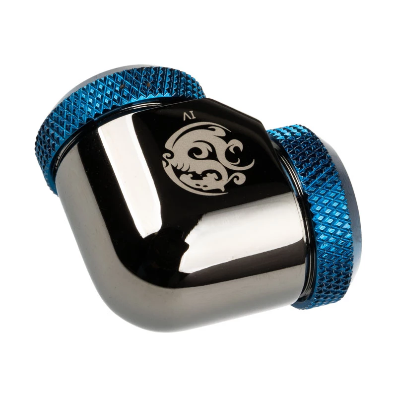 Adapter 90° BitsPower for 12mm AD Hardtube to 12mm AD Hardtube, blizgus juodas/mėlynas