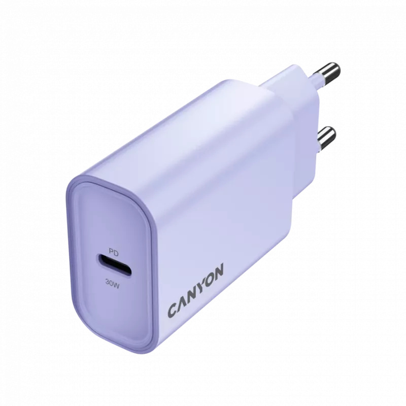 Sieninis įkroviklis CANYON OnCharge 30CL, 30W USB-C PD, 1x PD išvestis, EU kištukas, violetinė