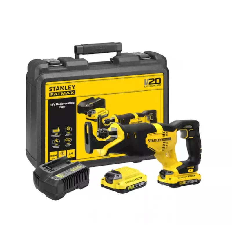 STANLEY 20V Max stūmoklinis pjūklas su 2 x 2,0Ah baterijomis ir nešiojimo dėklu