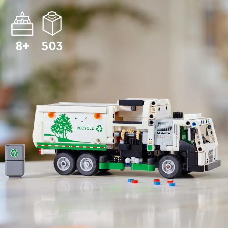 Konstruktorius LEGO Technic Mack LR elektrinis šiukšliavežis 42167 — 503 detalės, motorizuotas, dydis 230×80×90 mm
