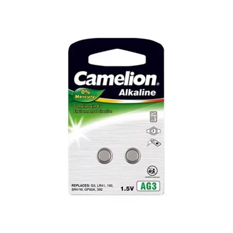 Sagų tipo baterija CAMELION AG3 / LR41 / LR736 / 392 šarminė 1,5 V — pakuotėje 2 vnt.