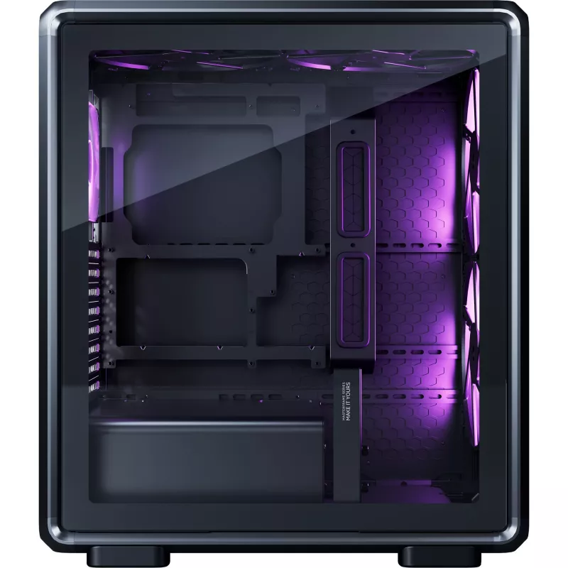 PC korpusas Cooler Master MasterFrame 500 Mesh Midi Tower — juoda su permatomu šonu, palaiko ATX/EATX, 2x200 mm priekyje, 1x120 mm gale