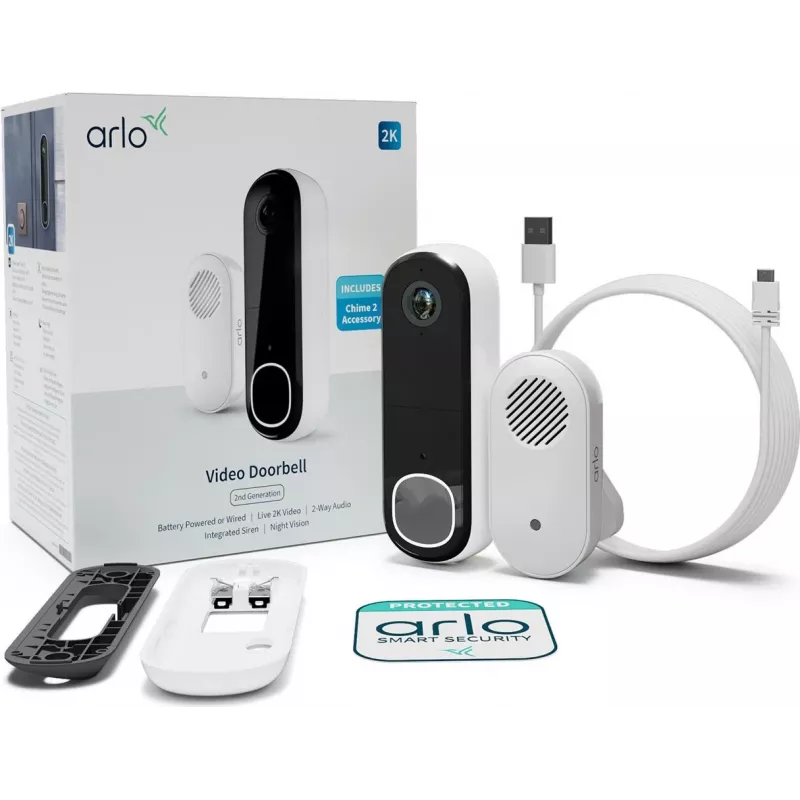 Arlo Essential 2K vaizdo skambutis su skambučiu, 180° matymo laukas, laidinis ir belaidis
