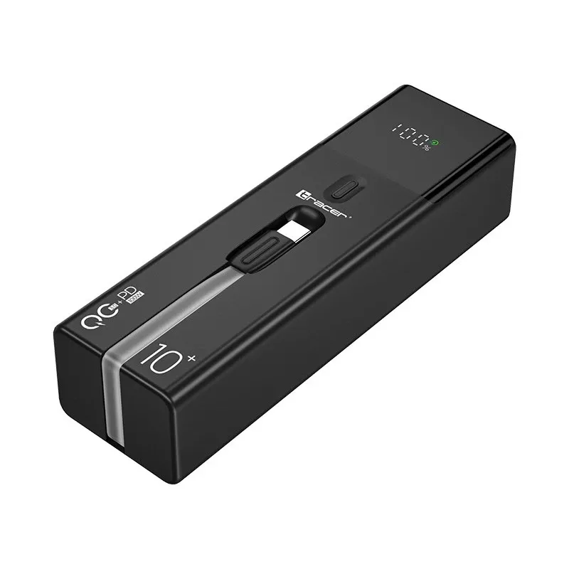 Nešiojama išorinė baterija TRACER Quant 10000 mAh Li-Ion, PD ir QC3.0, 3 prievadai (2×USB-C, 1×USB-A), 100W, juoda