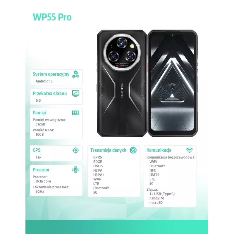 Išmanusis telefonas Oukitel WP55Pro 6,6 colio 16 GB RAM 512 GB atminties juodas